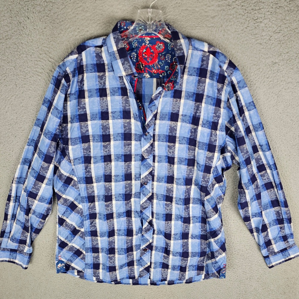 Au Noir Button Down Mens 5 Blue Plaid Floral Jacquard Long Sleeve Shirt